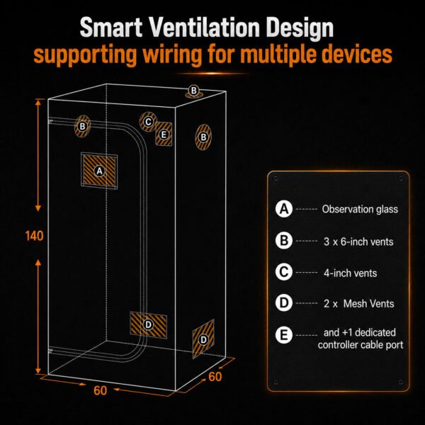 60 × 60cm ventilation kit — Tent dimensions and ventilation-port diagram