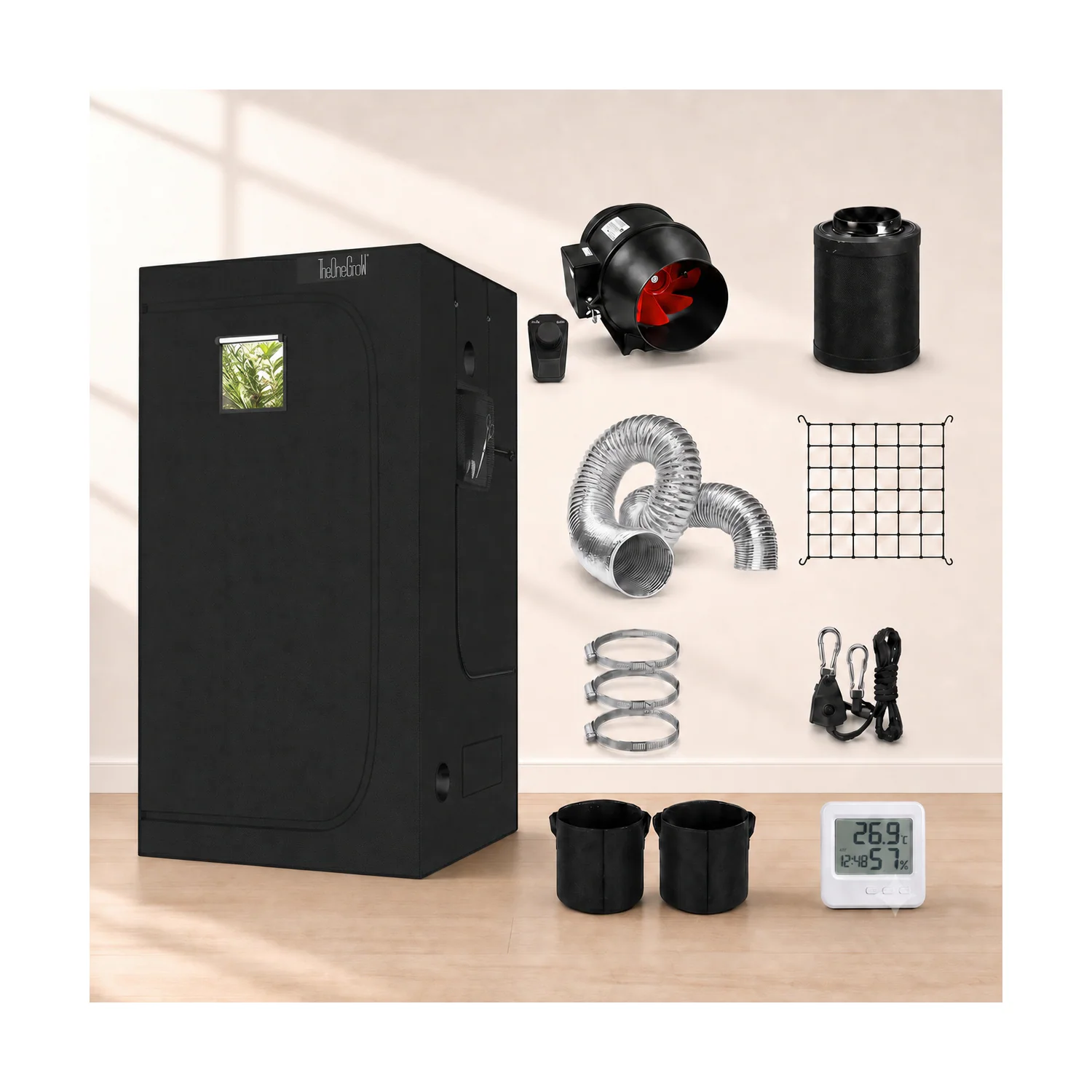 120 × 120cm tent and ventilation kit components