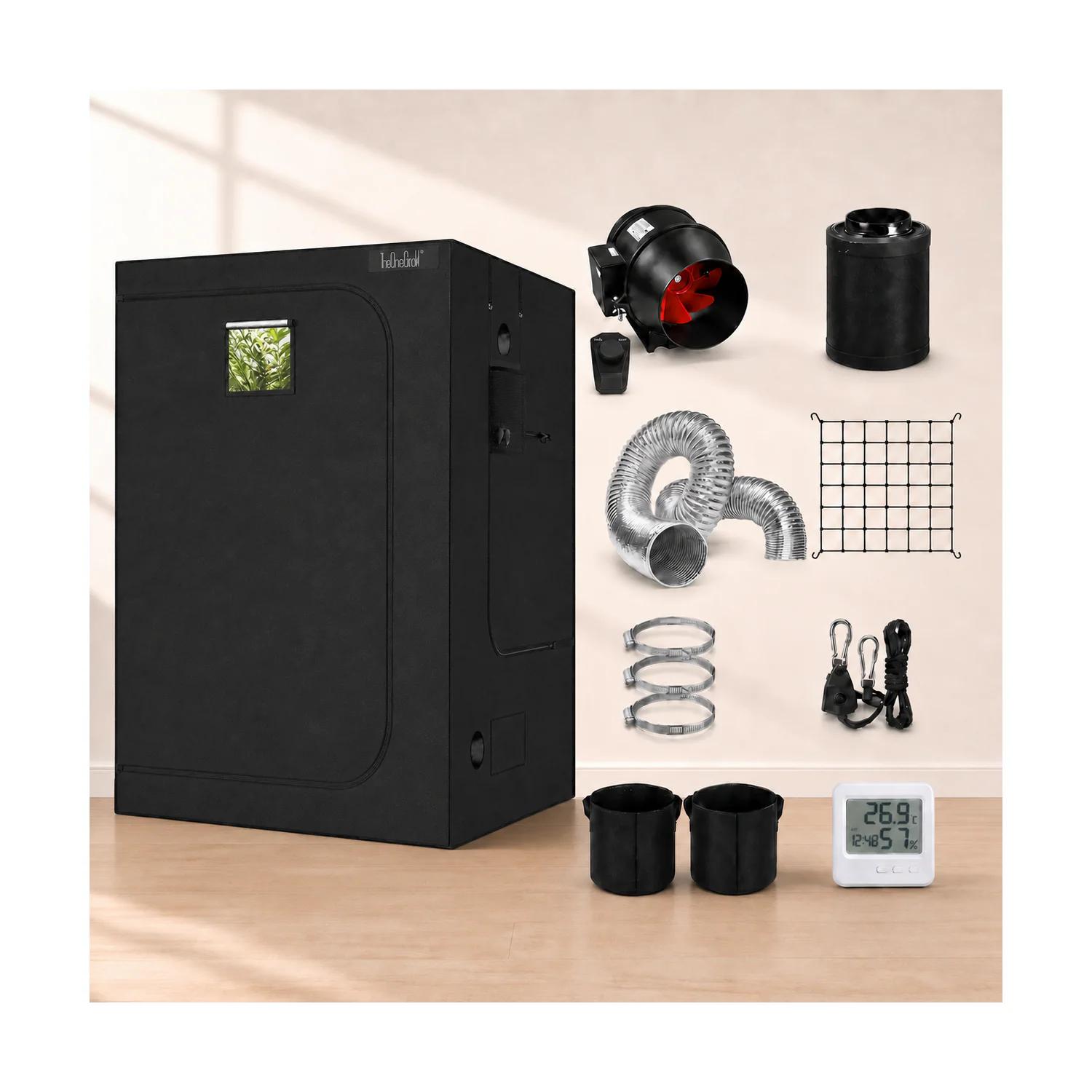 150 × 150cm tent and ventilation kit components