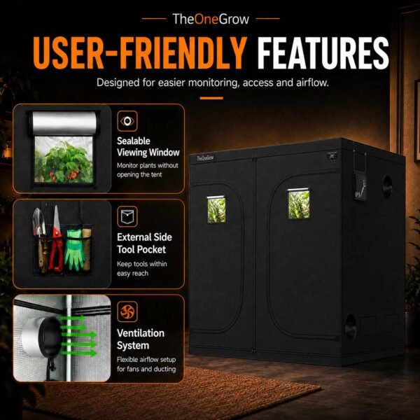 240 × 240cm ventilation kit — Viewing window, tool storage and access details