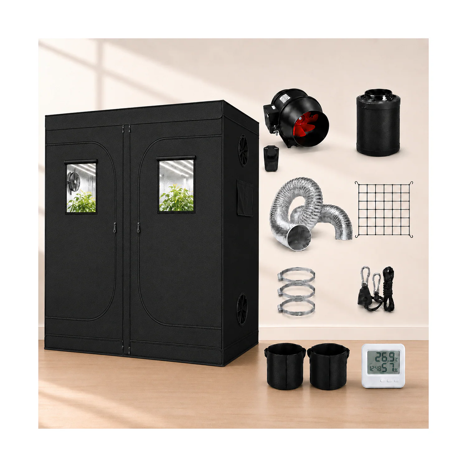 240 × 120cm ventilation kit — Kit components arranged beside the grow tent