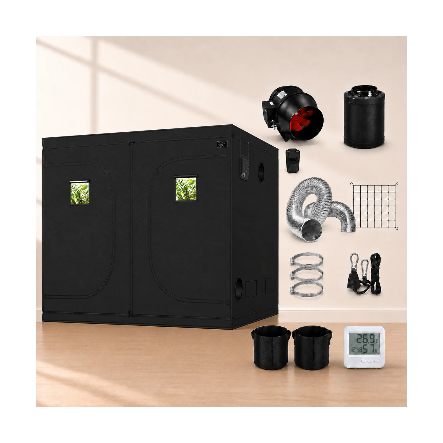 240 × 240cm ventilation kit — Kit components arranged beside the grow tent