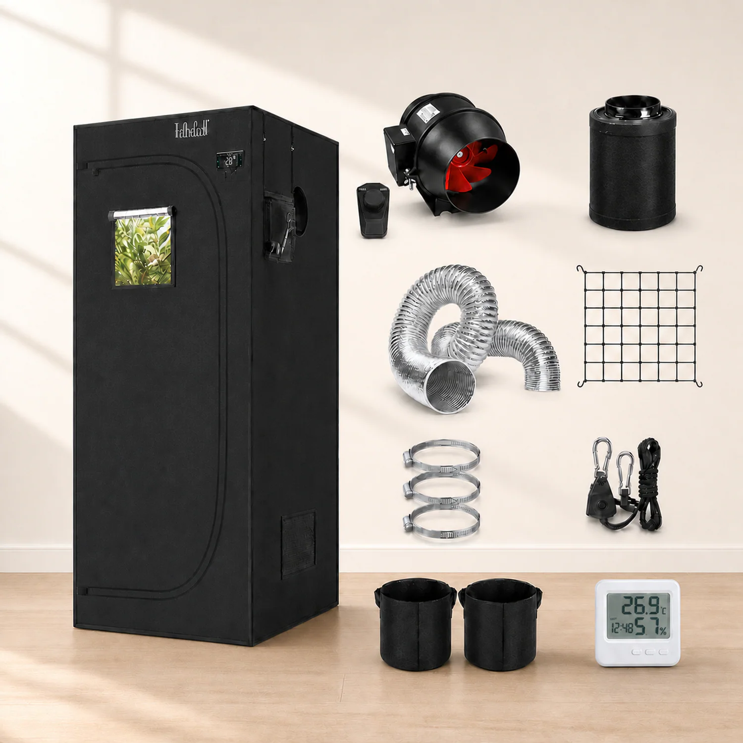 60 × 60cm ventilation kit — Kit components arranged beside the grow tent