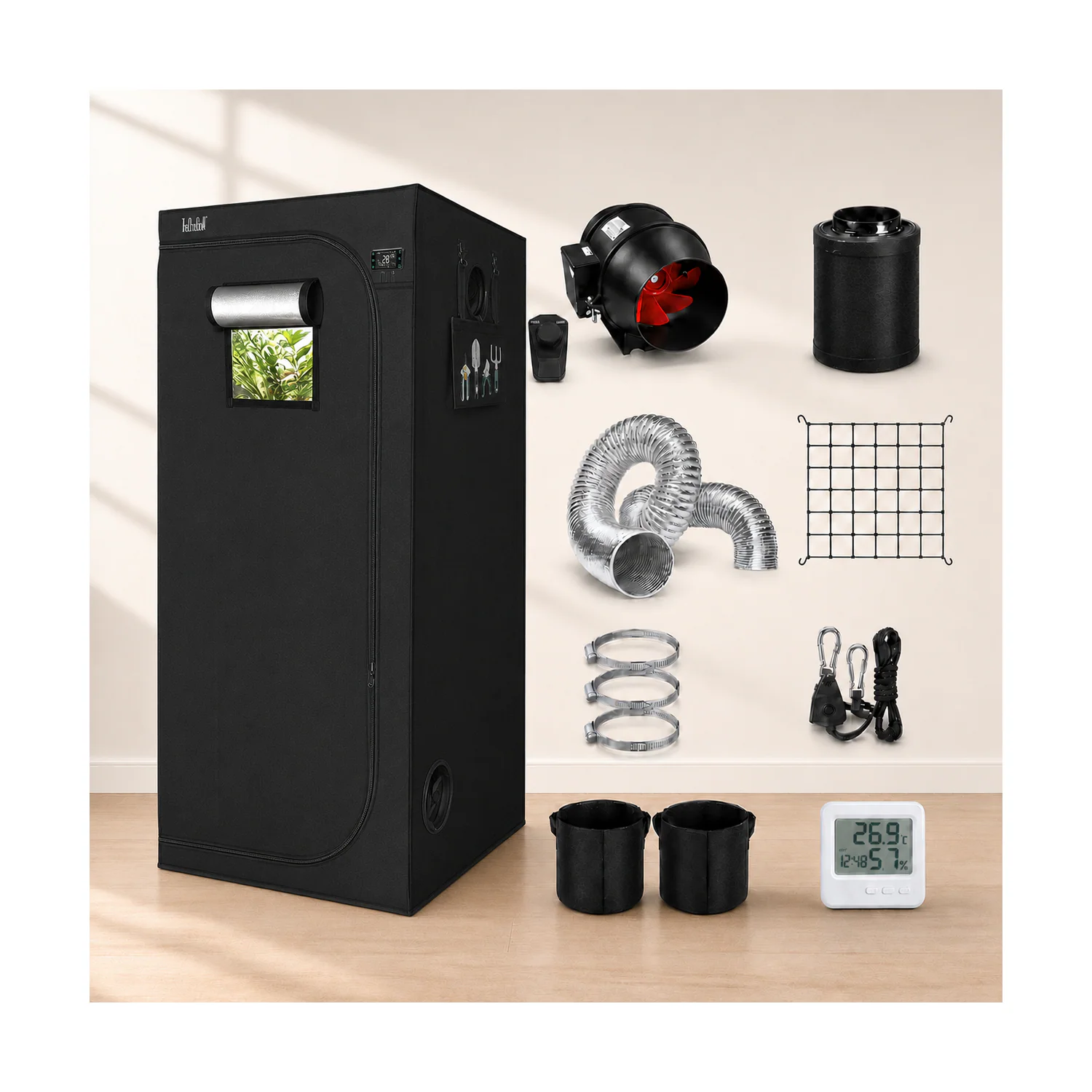90 × 90cm ventilation kit — Kit components arranged beside the grow tent
