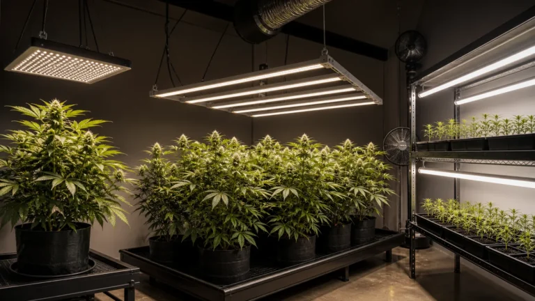 LED grow lights over different indoor cannabis canopies