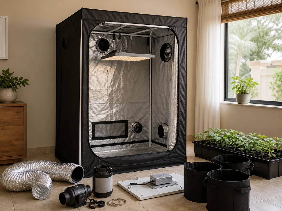 Grow tent and indoor growing equipment prepared for setup in a South African home