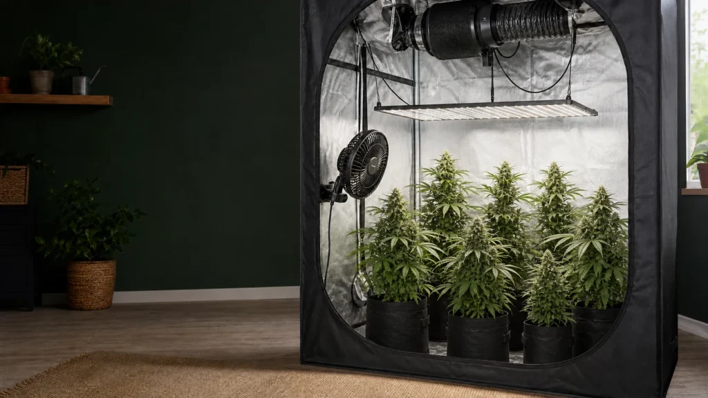 Indoor grow tent with LED lighting and controlled airflow