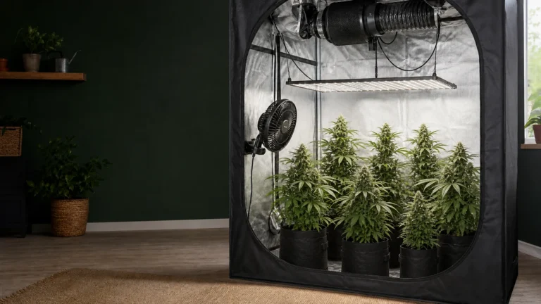 Indoor grow tent with LED lighting and controlled airflow