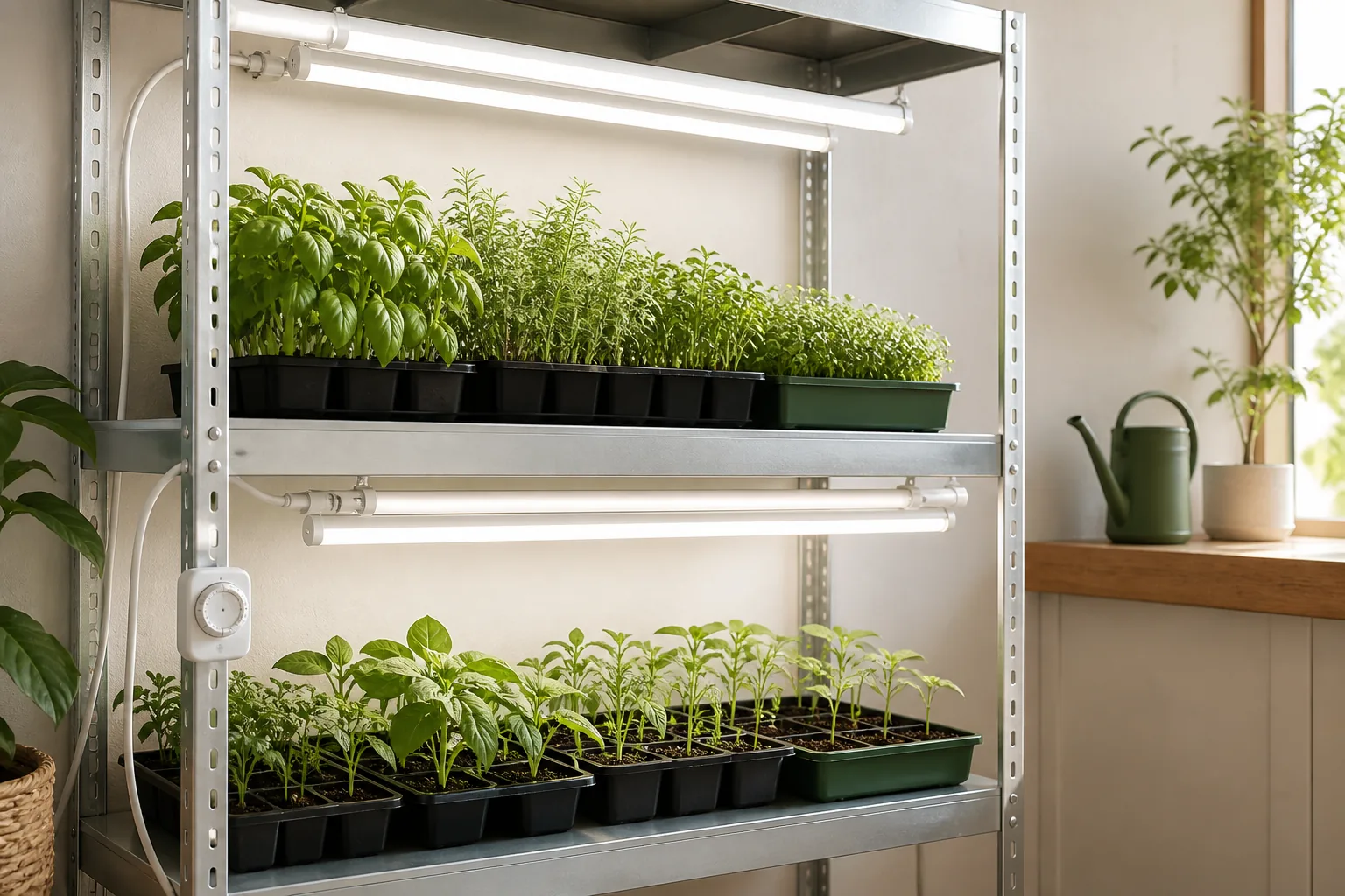 Seedlings growing under linkable T8 LED grow lights