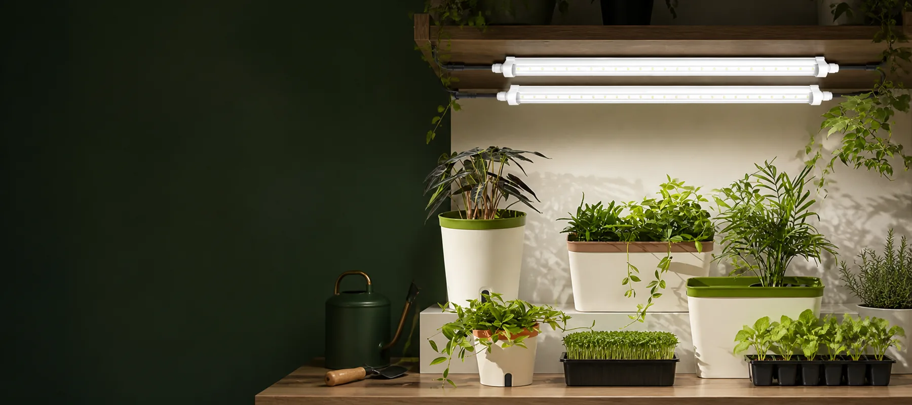 Two T8 grow lights mounted above herbs, seedlings and microgreens on an indoor plant shelf