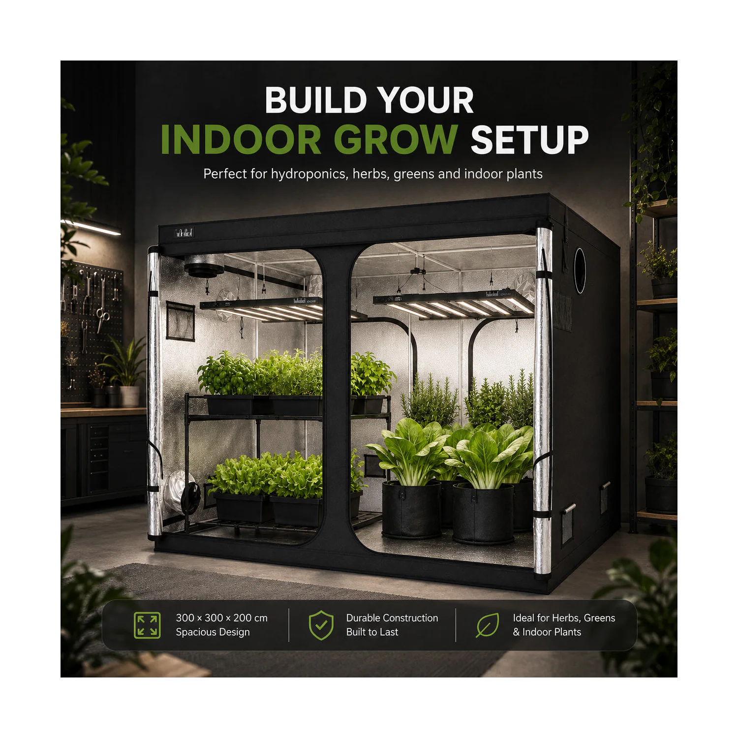 Large grow tent in an indoor growing scene; equipment not included